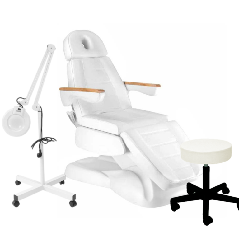 Fotel kosmetyczny elektryczny + lampa lupa + taboret
