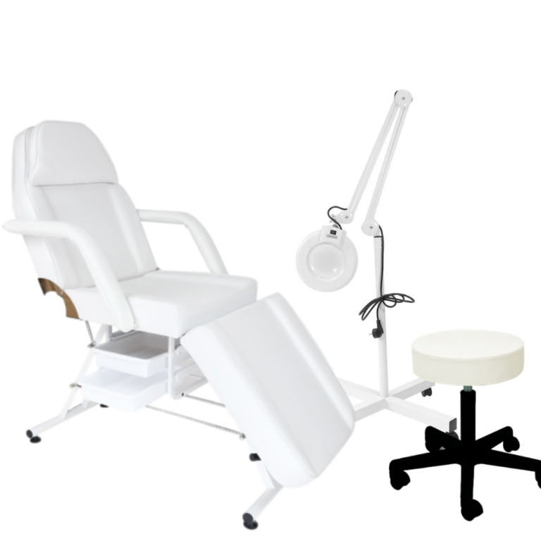 Fotel z kuwetami biały + lampa lupa + taboret