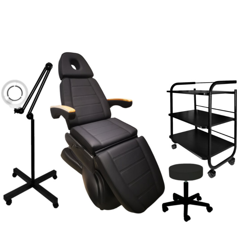 Zestaw mebli kosmetycznych: fotel elektryczny + lampa lupa + stolik + taboret